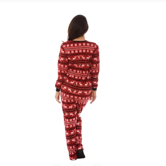 Festive Reindeer and Christmas TreePrint Velvet Kitten Footed PJ Adult OnePiece - Picture 1 of 8